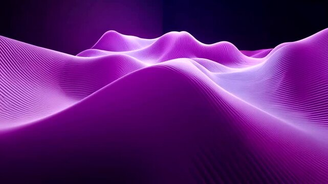 Luminous purple undulations create a textured, flowing landscape of parallel ridges against a dark background, evoking digital terrain