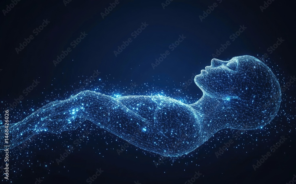 Poster a mesmerizing blue digital wave-like structure undulating against a black background. creating a fut