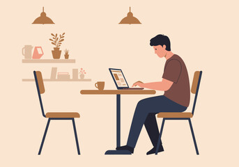 Freelancer Working Laptop In Cafe Flat Vector Illustration
