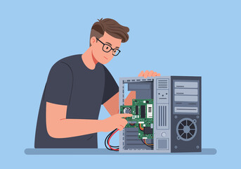 A technician's hand works to repair broken computer hardware