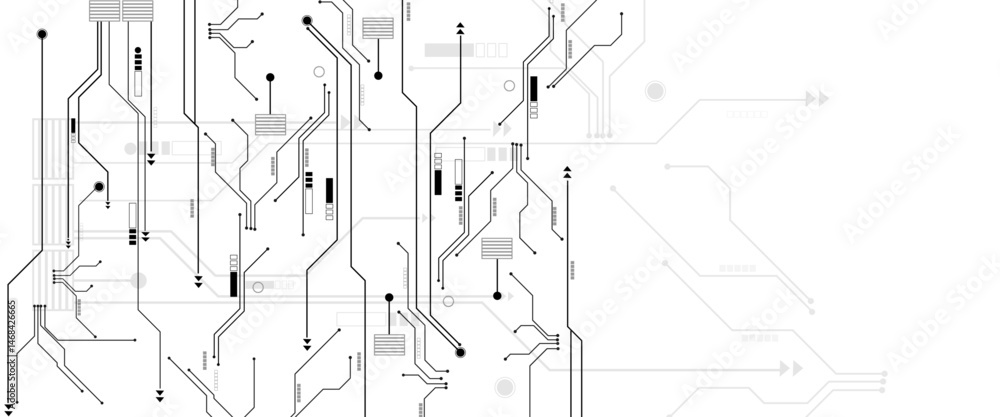 Poster vector black and white circuit electronic or electrical line with circle engineering technology.
