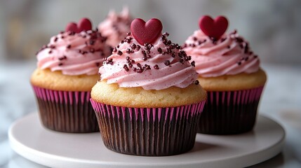Three delectable cupcakes with pink frosting and red heart sprinkles