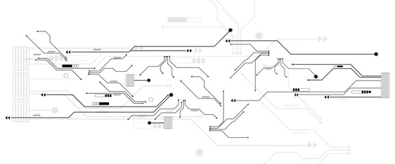 Vector black and white circuit electronic or electrical line with circle engineering technology design.