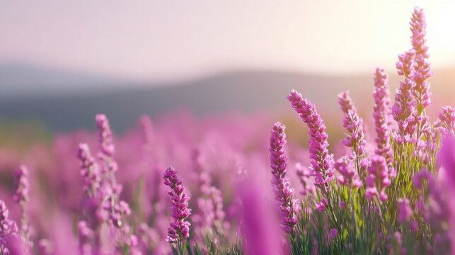 Vibrant purple flower field in bloom at sunset with soft focus background