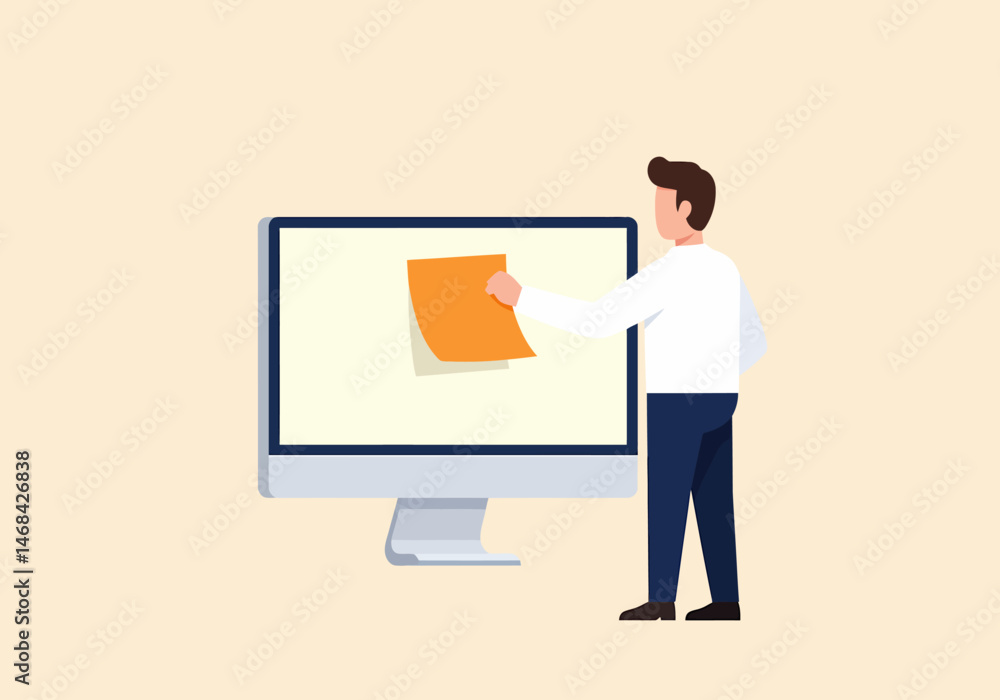 Aufkleber man putting sticky note on computer screen reminder
