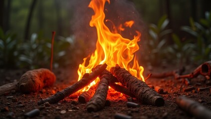 A warm red glow from the burning wood lit the dark night in the fireplace