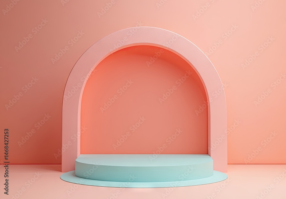 Poster a minimalist display featuring a soft pink pedestal with a rounded arch and a blue backdrop. ideal f