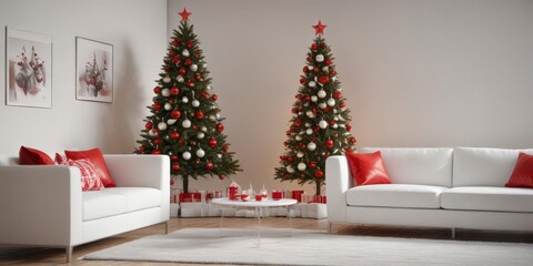 Modern Christmas tree, red and white ornaments, clean lines, white sofa , cozy, room