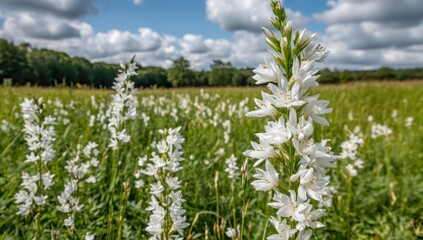 White wildflowers in a grassy field under a cloudy sky