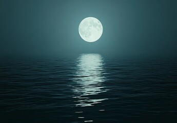 Large moon is reflected in the water of a lake. The scene is calm and serene