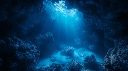 Obraz premium Ocean Cave: Sunbeams Illuminate Mysterious Underwater Rockscape