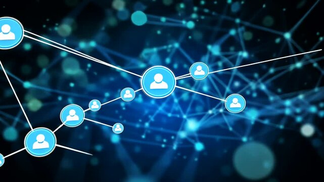 Abstract blue network of glowing user icons linked by lines, depicting digital communication and interconnectedness in a tech concept