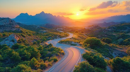 Scenic mountain road at sunset, a breathtaking vista.