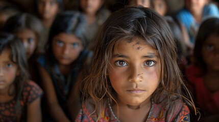 Fototapeta premium A young girl in a crowded classroom, showing a thoughtful expression. The child appears to be from a developing country