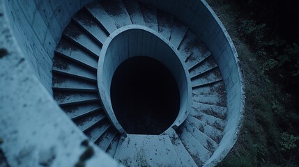 Fototapeta premium A descending spiral staircase of concrete, enveloped by a shadowy, verdant environment