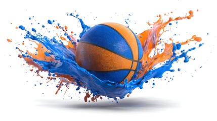 Basketball ball creating an energetic splash with vibrant blue and orange paint splatters, sport banner or flyer