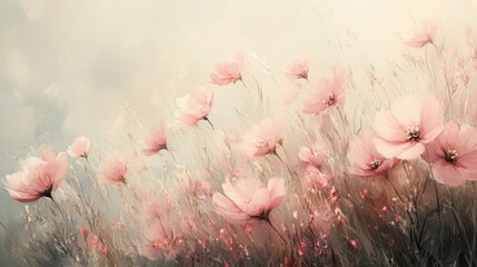 Soft pink flowers in a field, dreamy pastel colors.