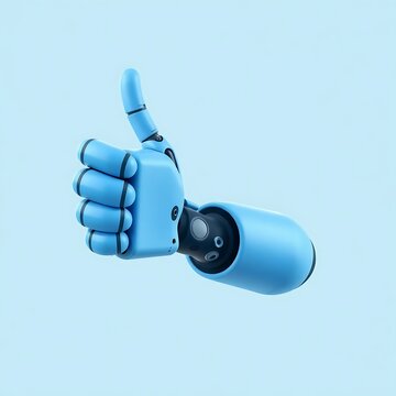 A light blue robot hand giving a thumbs up gesture against a light blue solid color background image view