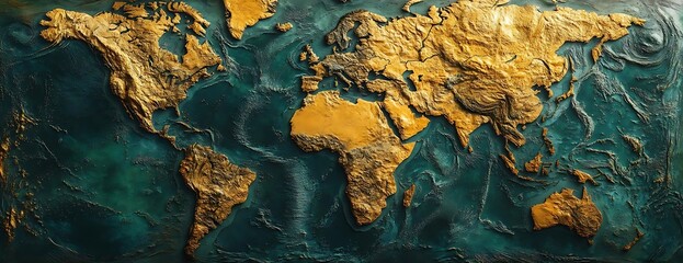 Golden world map, textured relief, global travel
