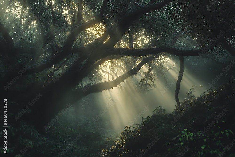 Poster sunlight streams through dark trees creating a serene and mystical atmosphere within the forest