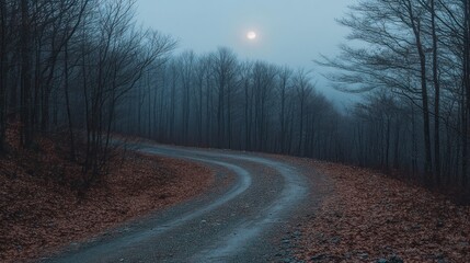 Fototapeta premium Misty mountain road in winter. A winding dirt path through a dense, leaf-covered forest in a foggy, winter morning. Pale sunlight peeks through the mist