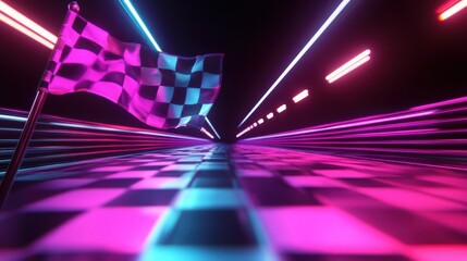 Neon Race Track with Checkered Flag and Dynamic Lights in Futuristic Style