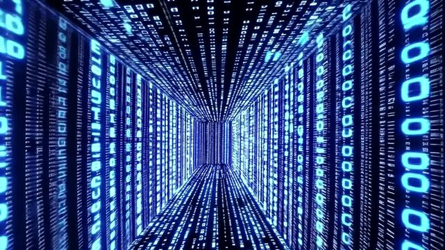 A glowing blue digital corridor with walls, floor, and ceiling composed of cascading alphanumeric characters, creating a sense of depth