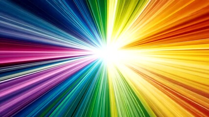 Vibrant rainbow colors burst outwards from a central bright white light, creating a dynamic, energetic starburst effect - Powered by Adobe