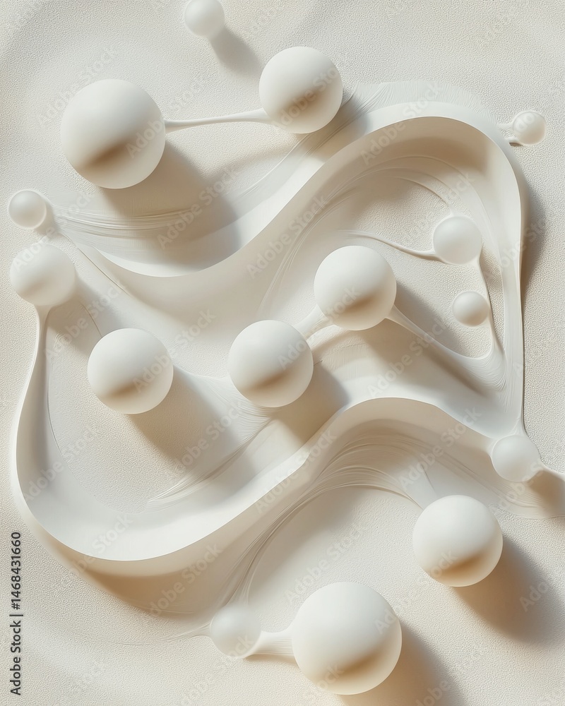 Poster Abstract 3D Render of Off White Spheres and Flowing Forms on Textured Background
