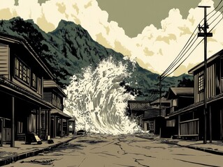 Fototapeta premium Coastal village overwhelmed by a destructive tsunami.