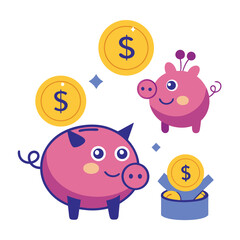 Three depictions of a piggy bank receiving a dollar coin on a white background.