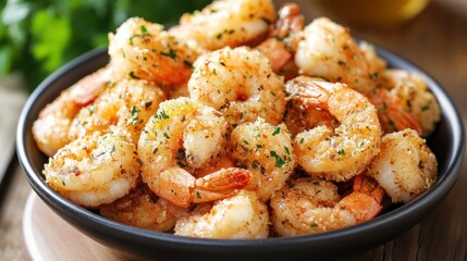 Delicious and tempting bowl of golden crispy fried shrimp seasoned with herbs