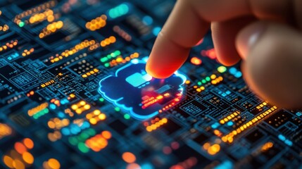 Digital Finger Touching Cloud Icon on Futuristic Circuit Board