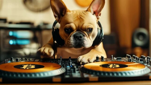 DJ Dog Spinning Tracks in a Cozy Indoor Setup Featuring Bitcoin Logos and Warm Lighting. Generative AI