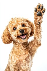 Fototapeta premium Playful apricot poodle giving high five. Happy, adorable, and fluffy