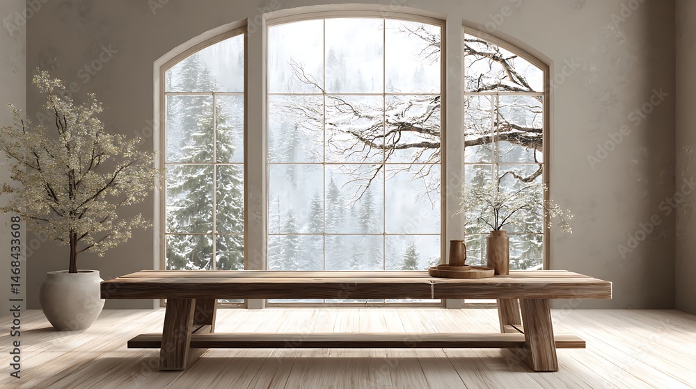 Poster Beautiful large table and window with copy space and winter nature view