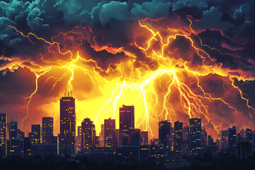 Dramatic lightning storm illuminating a city skyline at dusk with dark clouds overhead