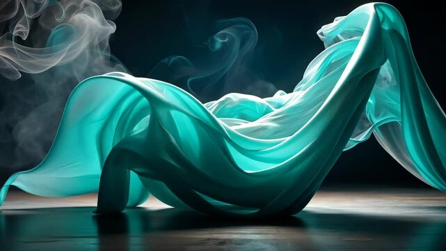 Mesmerizing teal fabric flows and folds, creating an ethereal dance of fluidity and elegance.