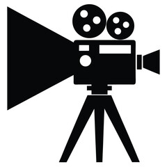 Solid black film camera with light and reels stands on a tripod