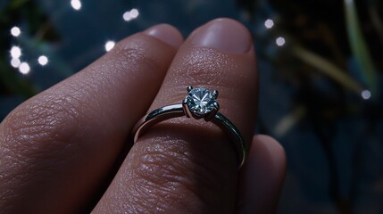 Obraz premium A hand delicately holds a solitaire diamond ring against a bokeh background