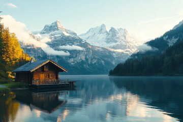 Serene lakeside cabin surrounded by majestic mountains and tranquil waters at sunrise