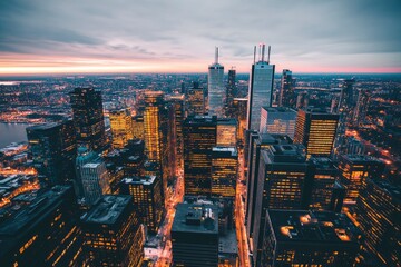 Aerial view of a vibrant city skyline at dusk, showcasing illuminated skyscrapers and a bustling urban landscape