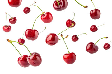 Floating cherries isolated in mid-air on transparent background

