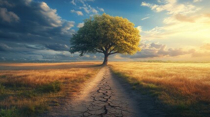 Single Tree in Golden Wheat Field at Sunset