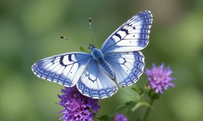 A blue and white butterfly on a purple flower, with its wings spread open, in a garden with a blurred blue background