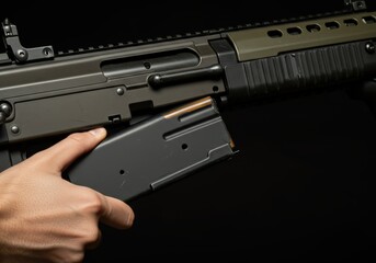 Closeup view of a rifle magazine being carefully inserted into the weapon, dark background