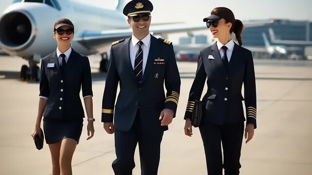 Aviation professionals in uniform on tarmac.
