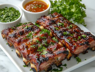 Caramelized barbecue ribs close up delicious view high resolution picture