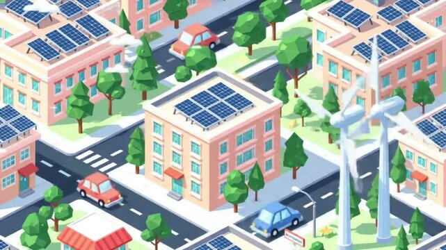 Isometric illustration of a modern city powered by renewable energy sources