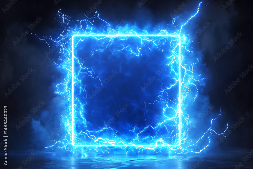 Poster a glowing blue lightning frame surrounded by dark clouds and mist, creating a mystical atmosphere